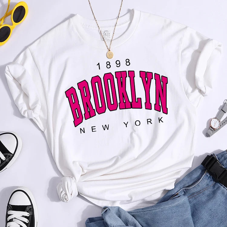 2023 New Summer Women T Shirt 1898 Brooklyn New York Print Short Sleeve T-Shirts Warm Casual Streetwear Hip Hop Y2k Clothes Tops