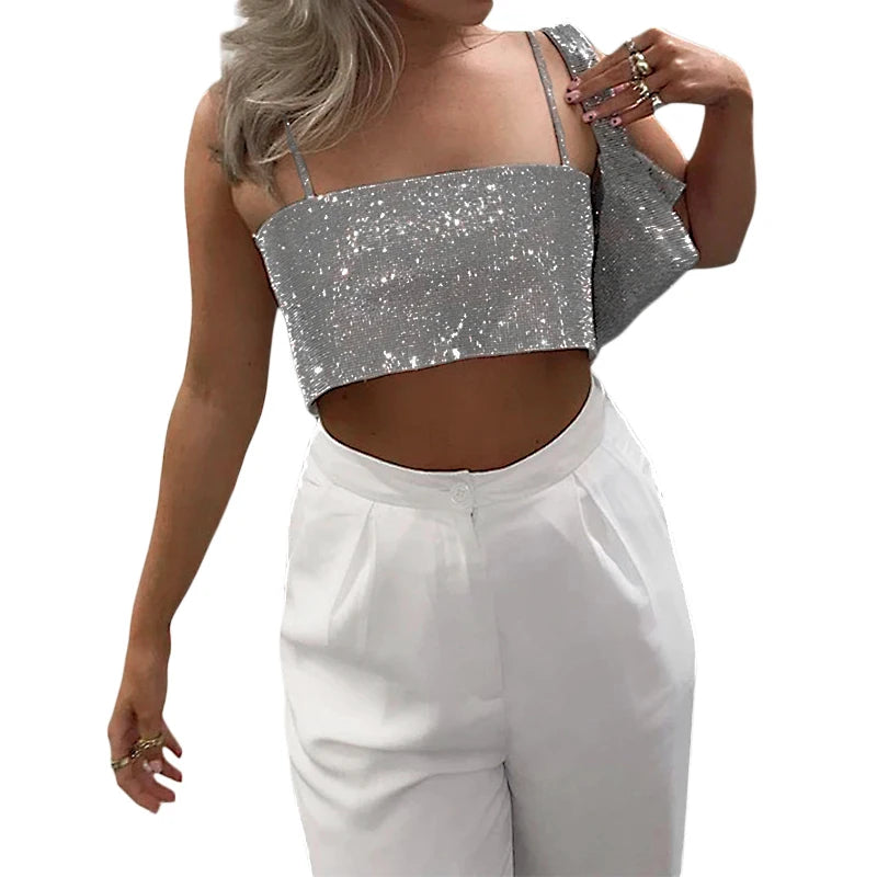 Women Sequined Camisole Top Glitter Sleeveless Crop Top Spaghetti Strap Party Clubwear Summer Clothing